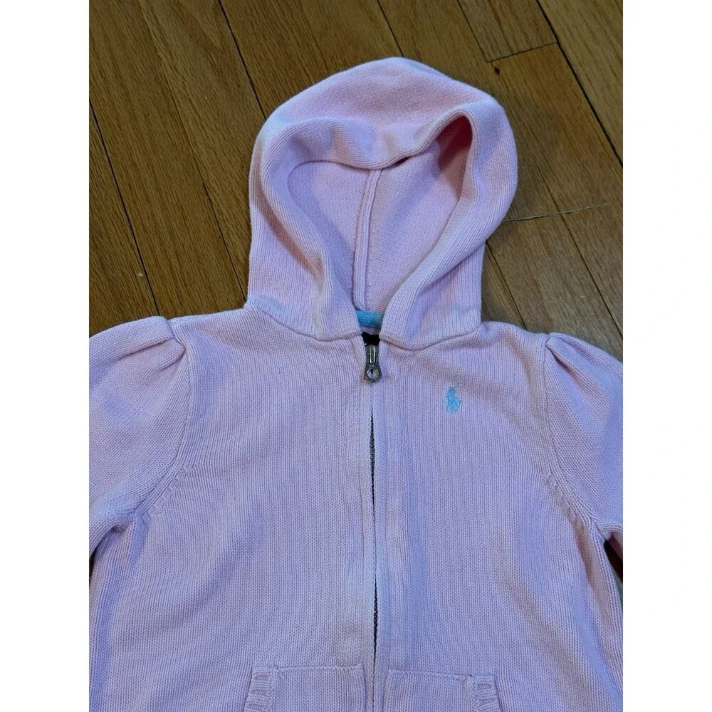 Ralph Lauren Girls Zip Up Knit Cardigan Sweater Size 6x Light Pink Hooded EUC